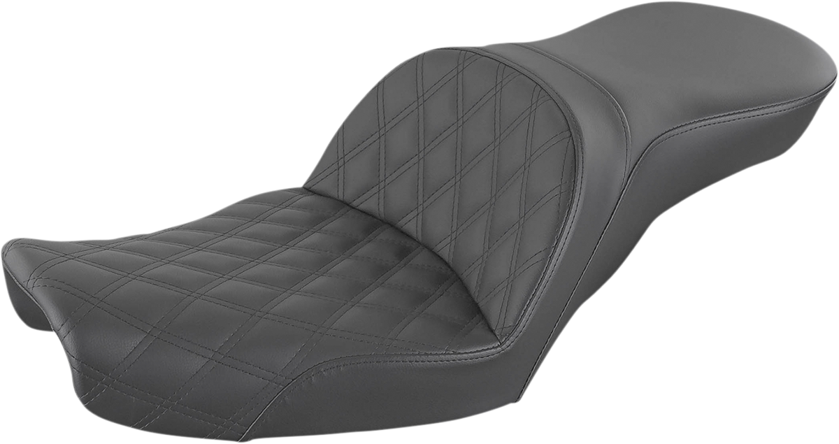 Bill's Exhausts SADDLEMEN Explorer Seat with lattice stitching for Dyna 896-04-029LS motorcycle, showcasing seat design and stitching details.