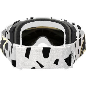 Alpinestars Supertech goggles with white and gold frame, gold mirror lenses, and ABS vision for racing and high-performance riding.