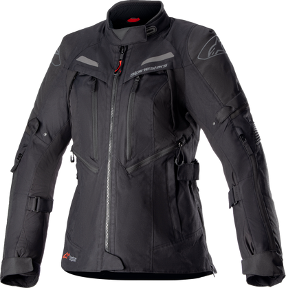 Black Alpinestars Stella Bogota Drystar® motorcycle jacket in large size, featuring protective armor and waterproof fabric.
