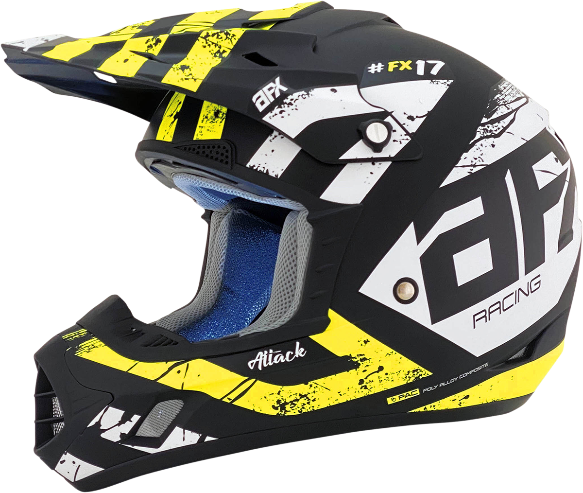 Matte black and hi-vis yellow AFX FX-17 Attack motorcycle helmet in medium size, featuring a sleek aerodynamic design.