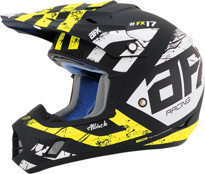 Matte black and hi-vis yellow AFX FX-17 Attack motorcycle helmet in medium size, featuring a sleek aerodynamic design.