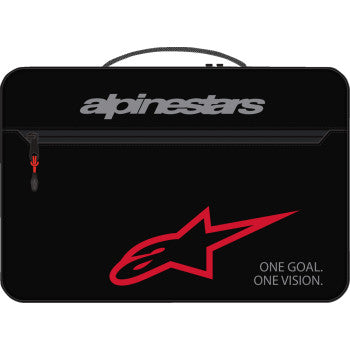 Alpinestars Supertech Vision goggle case in black with logo, designed for storing and protecting motorcycle goggles.