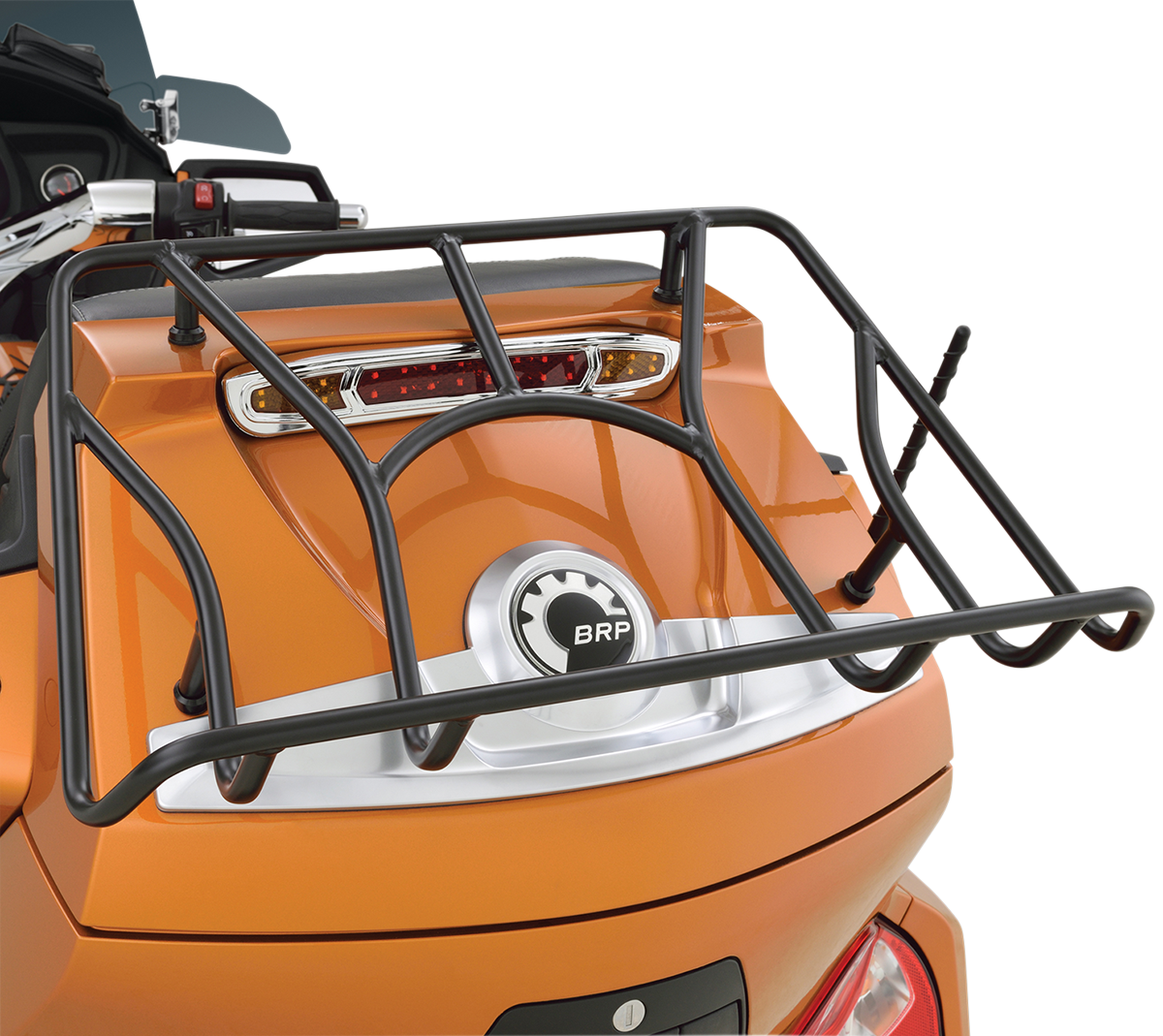 Bill's Exhausts SHOW CHROME Tour Trunk luggage rack for engine, black finish, designed for motorcycle touring and storage.