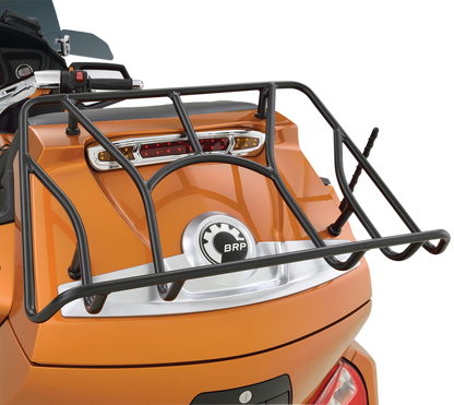 Bill's Exhausts SHOW CHROME Tour Trunk luggage rack for engine, black finish, designed for motorcycle touring and storage.