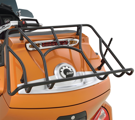 Bill's Exhausts SHOW CHROME Tour Trunk luggage rack for engine, black finish, designed for motorcycle touring and storage.