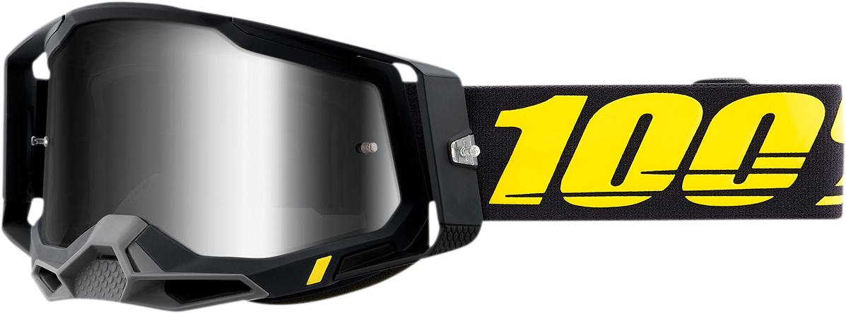 Bill's Exhausts 100% Racecraft 2 Goggles with silver mirror lenses, featuring a sleek design for motocross and off-road riding.