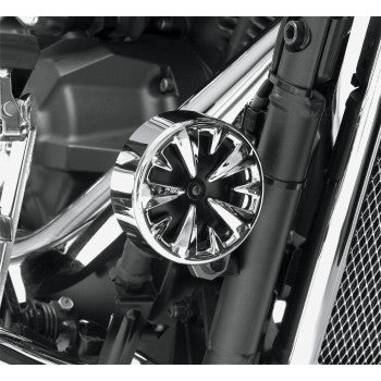 Bill's Exhausts SHOW CHROME Round Horn Cover, 3-1/2 inch diameter, with a shiny chrome finish and detailed design.
