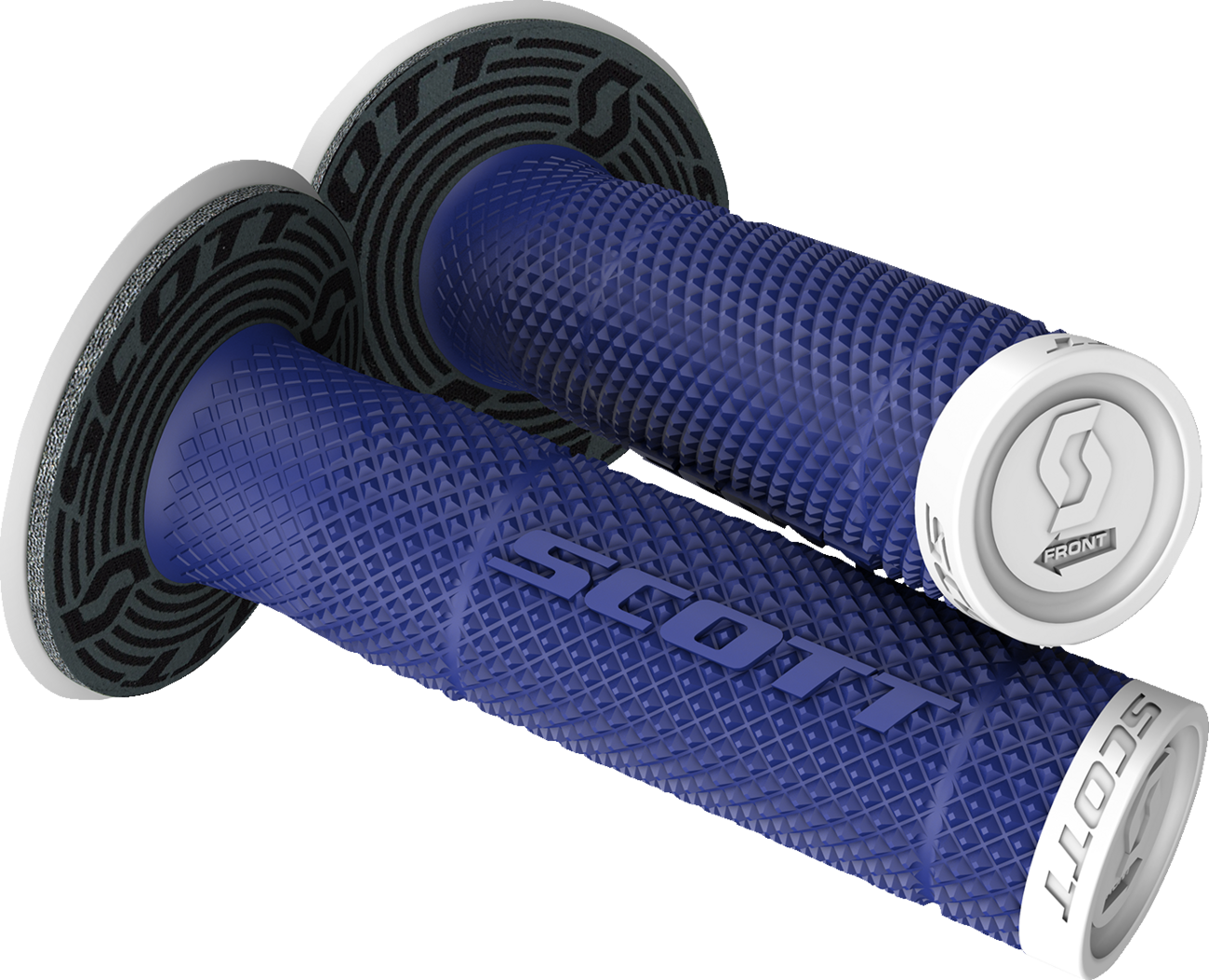 Scott SX II blue and white motorcycle grips with textured rubber for a secure hold, designed by Bill's Exhausts.