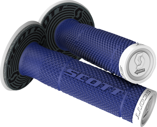 Scott SX II blue and white motorcycle grips with textured rubber for a secure hold, designed by Bill's Exhausts.