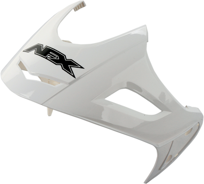 Bill's Exhausts AFX FX-50 Peak helmet in pearl white with black accents, showcasing its aerodynamic design and sleek finish.