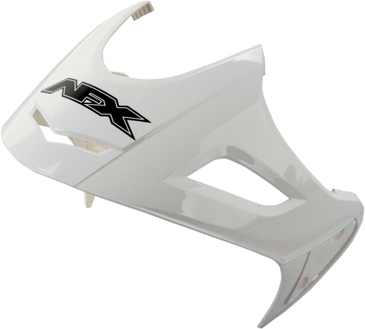 Bill's Exhausts AFX FX-50 Peak helmet in pearl white with black accents, showcasing its aerodynamic design and sleek finish.