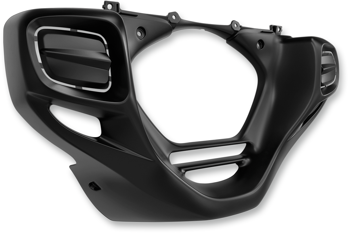 Black rectangular Show Chrome lower cowls for engine by Bill's Exhausts, shown on a motorcycle engine.