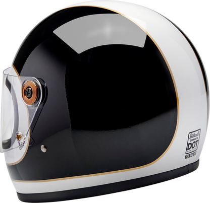 BILTWELL Gringo S helmet in glossy white and black tracker design, XS size, featuring a sleek helmet with modern graphics.