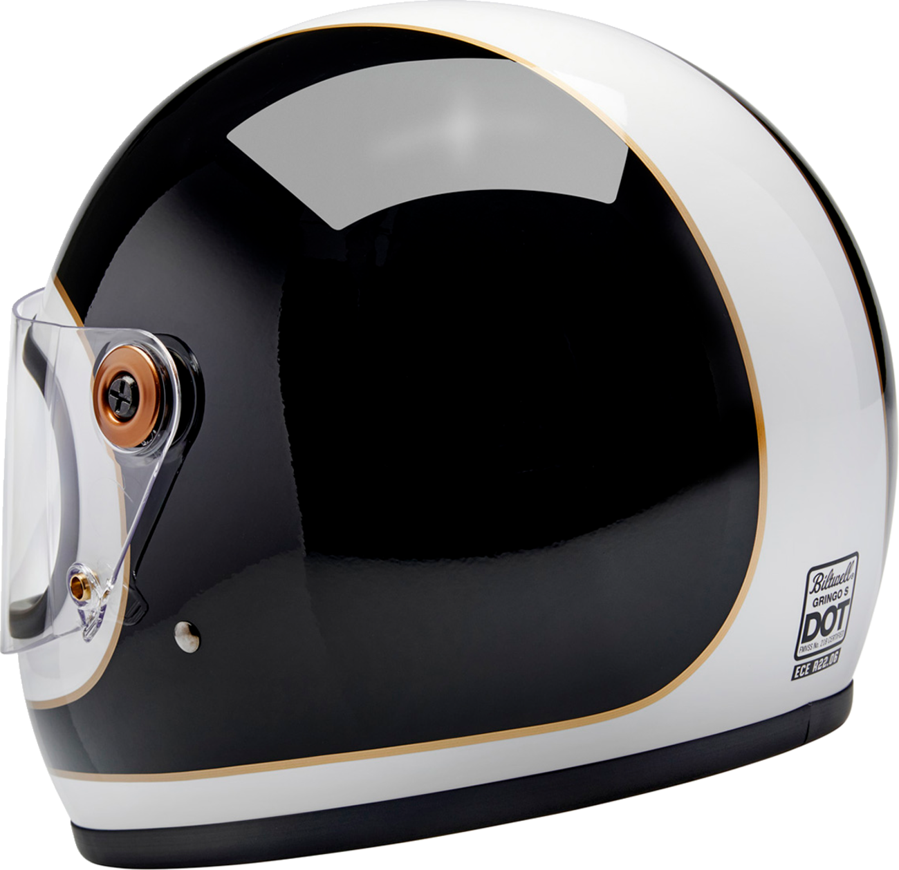 BILTWELL Gringo S helmet in gloss white and black tracker design, XL size, featuring a sleek, aerodynamic shape.