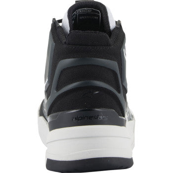 Alpinestars Speedflight racing shoes in black, gray, and white with US 13.5 size, featuring sleek design and durable construction.