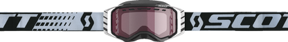 Scott Prospect snow goggles in black and white with rose tinted lenses, designed for winter sports and outdoor activities.