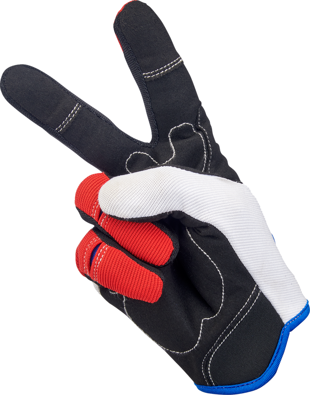 Bill's Exhausts BILTWell Moto Gloves in red, white, and blue, small size, showing textured leather and padded knuckles.