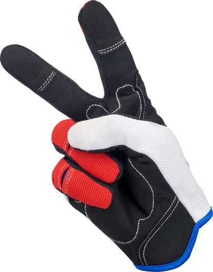 Bill's Exhausts BILTWell Moto Gloves in red, white, and blue, small size, showing textured leather and padded knuckles.