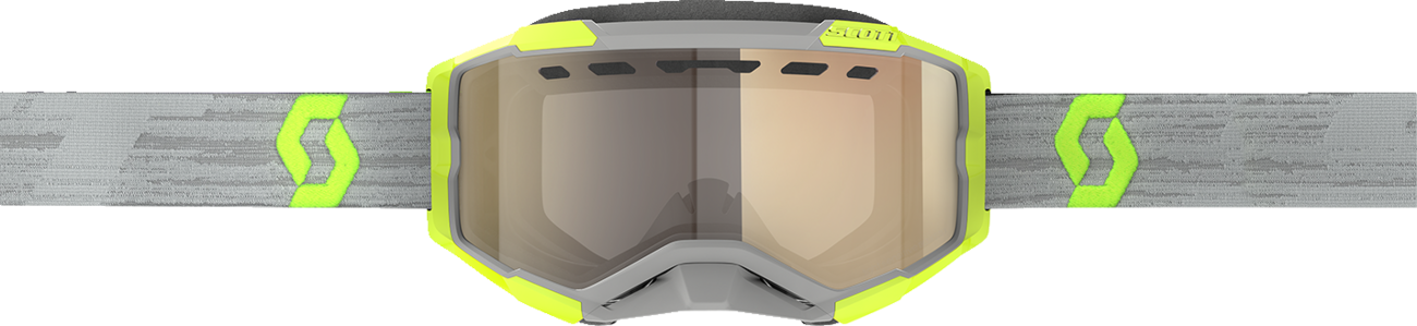 Scott Fury Snow Goggles with light-sensitive bronze chrome lenses, gray/yellow frame, designed for winter sports and high visibility.