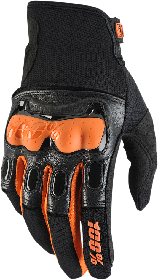 Black and orange 100% Derestricted gloves by Bill's Exhausts, small size, durable motorcycle or sports gloves with protective design.