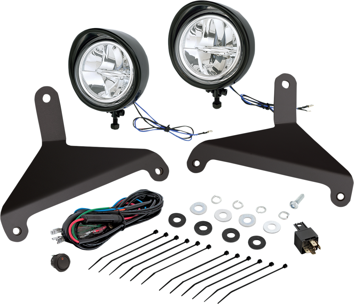 Can-Am SHOW CHROME driving light kit by Bill's Exhausts, black engine lights with mounting brackets and wiring for vehicle upgrade.