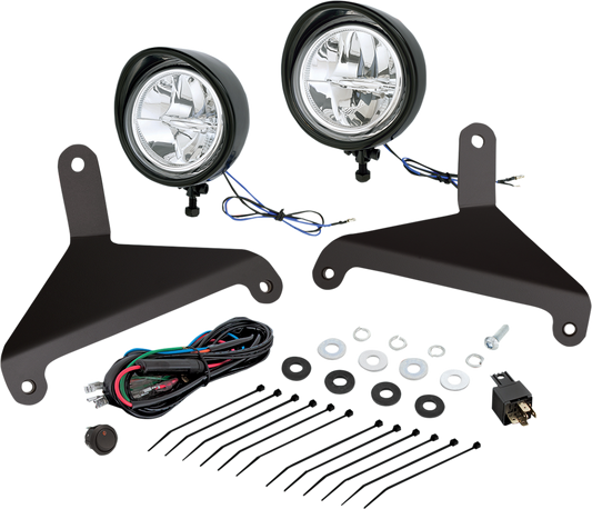 Can-Am SHOW CHROME driving light kit by Bill's Exhausts, black engine lights with mounting brackets and wiring for vehicle upgrade.