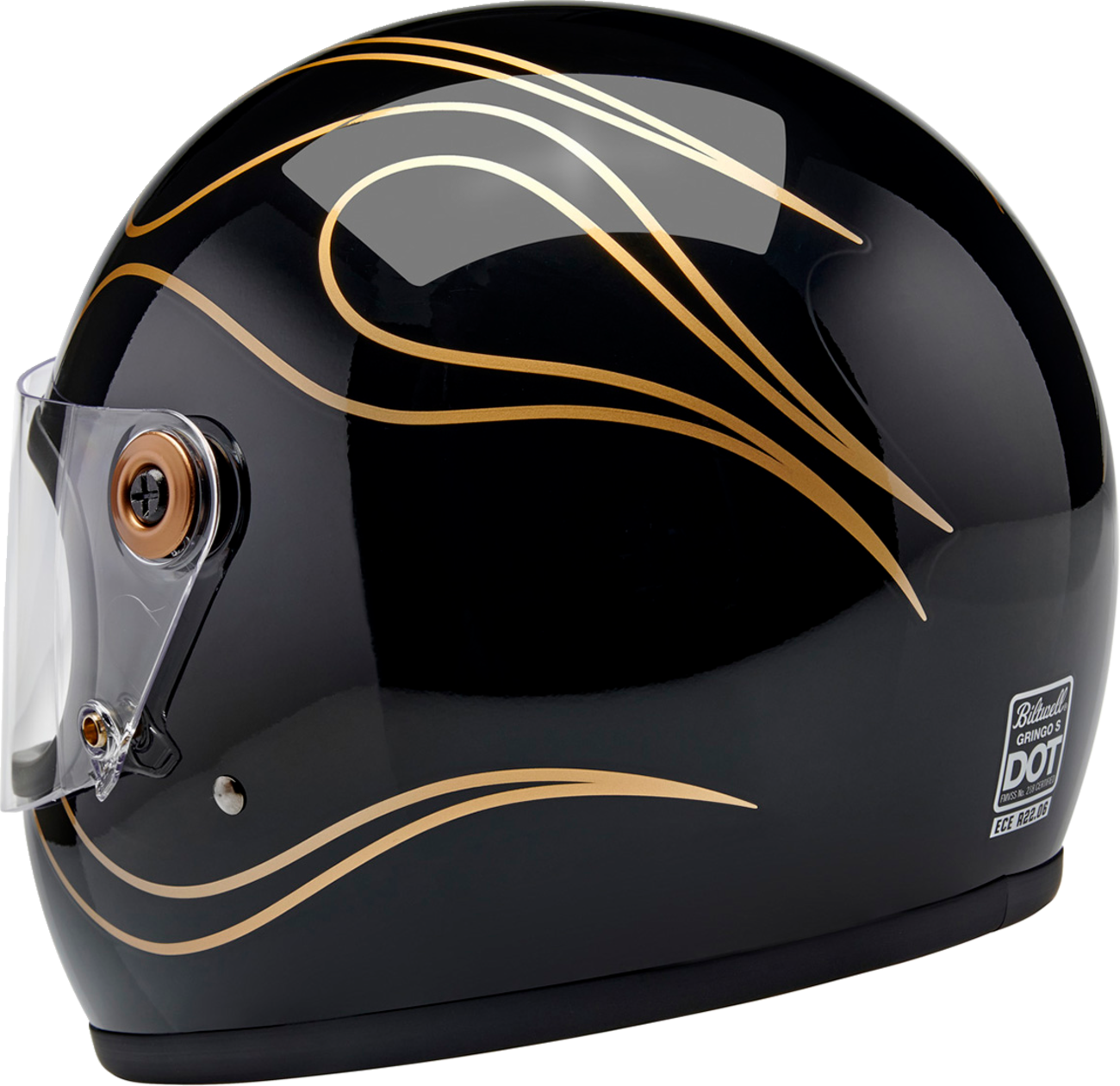 BILTWELL Gringo S helmet in gloss black with flame design, small size, featuring a sleek motorcycle helmet with flame graphics.