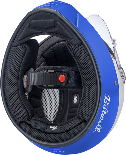 Biltwell Lane Splitter helmet in gloss Podium Red, white, and blue, small size, featuring a sleek motorcycle helmet design.
