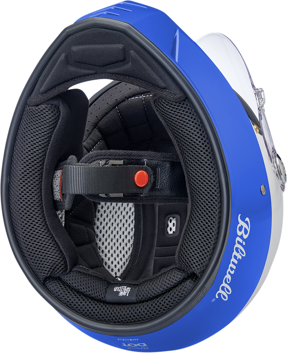 BILTWELL Lane Splitter helmet in gloss Podium Red, white, and blue with XS size, featuring aerodynamic design and ventilation.