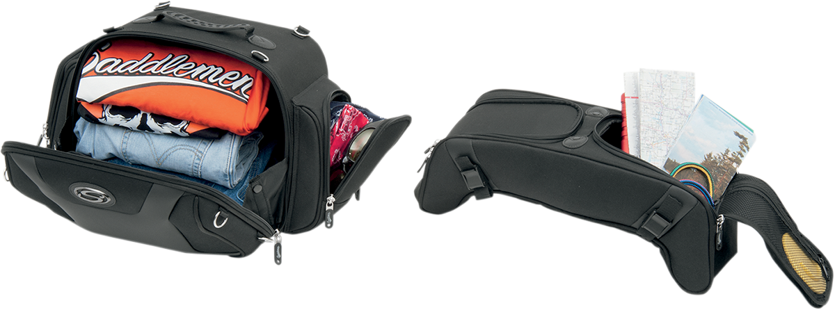 Bill's Exhausts Saddlemens FTB2500 sport sissy bar with combo bag on motorcycle seat in black and chrome finish.