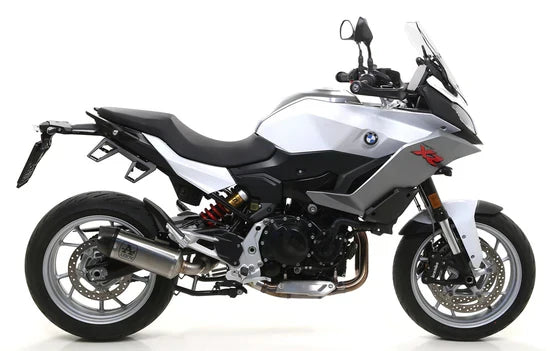Arrow Titanium Slip-on Exhaust for Indy Race F900R/XR 2020-2024, sleek titanium finish, visible mounting components and branding.