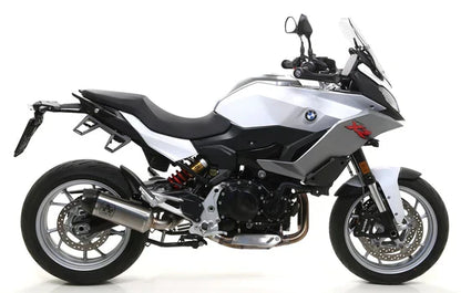 Arrow Titanium Slip-on Exhaust for Indy Race F900R/XR 2020-2024, sleek titanium finish, visible mounting components and branding.
