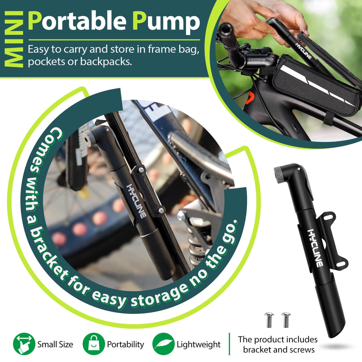 Hycline Mini Hand Pump for bicycles, 120 PSI capacity, compact and lightweight bicycle pump with ergonomic handle.