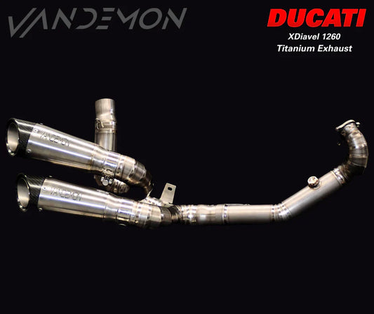 Vandemon titanium exhaust system for Ducati XDiavel and Diavel S 1260, 2016-2022, featuring sleek metal finish and exhaust pipes.