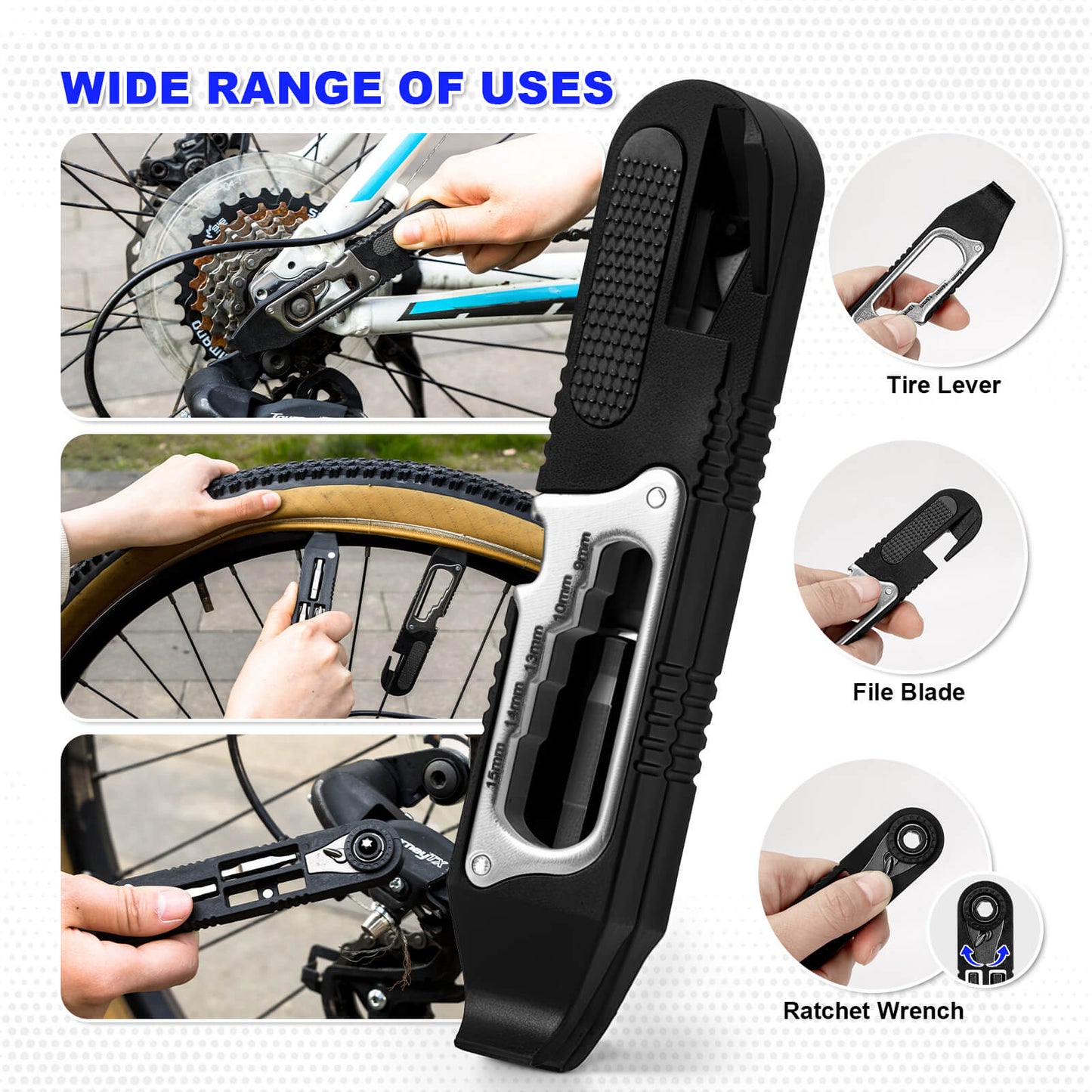 Hycline 14-in-1 bike tire repair kit with wrench, lever, screwdriver, corkscrew, and file blade for bicycle maintenance.