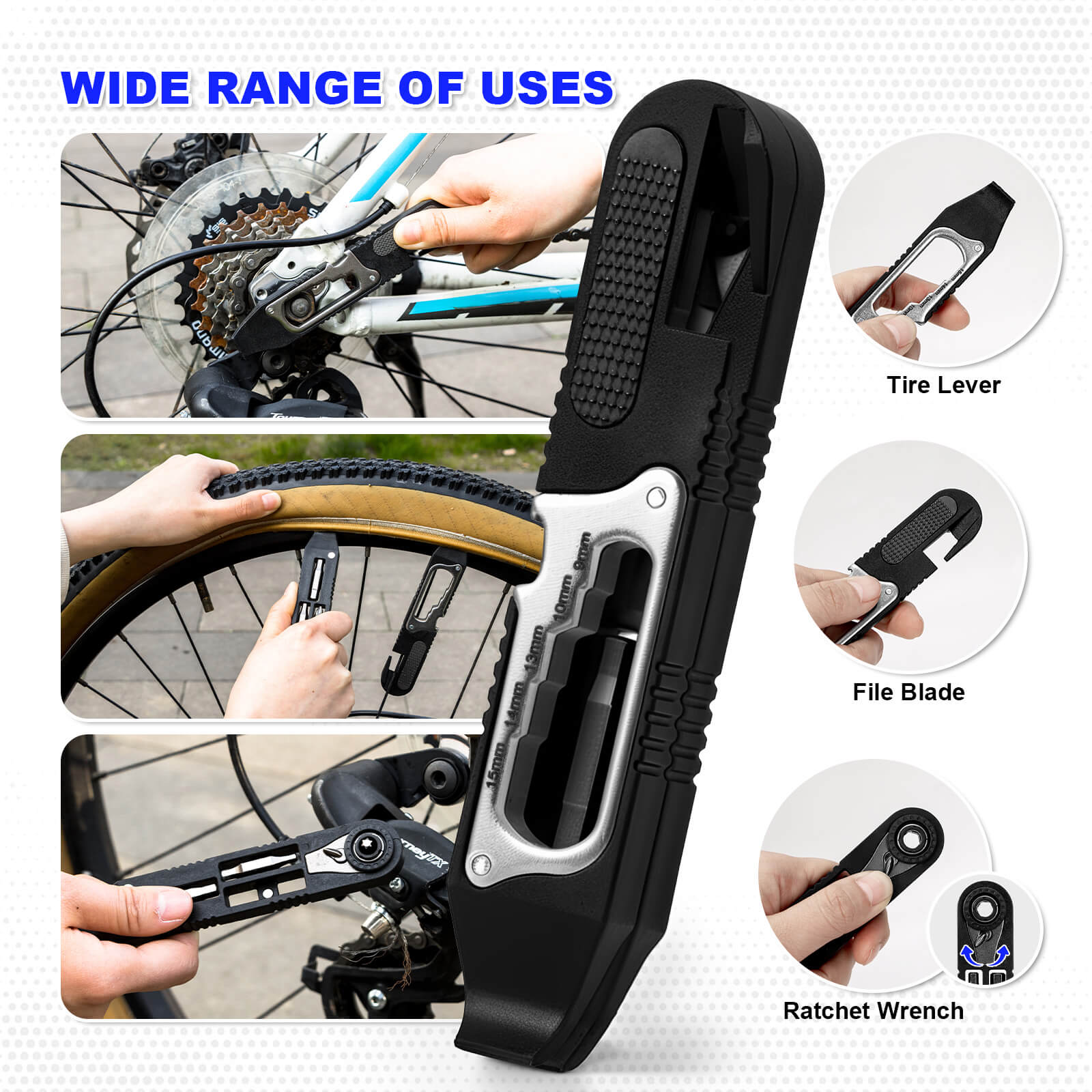 Hycline 14-in-1 bike tire repair kit with wrench, lever, screwdriver, corkscrew, and file blade for bicycle maintenance.