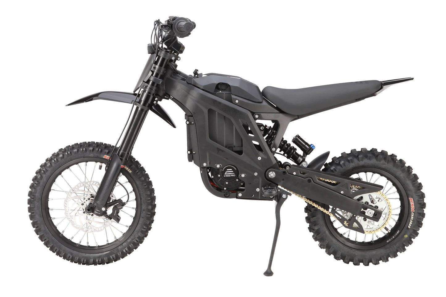 E Ride Pro Mini R electric dirt bike with a black frame, knobby tires, and a sleek design for off-road riding.