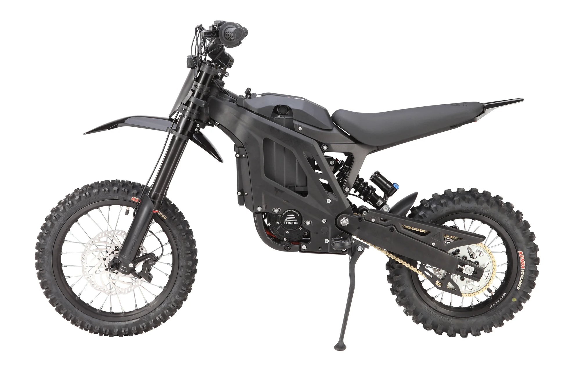 E Ride Pro Mini R electric dirt bike with a black frame, knobby tires, and a sleek design for off-road riding.