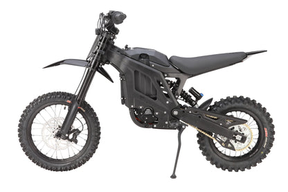 E Ride Pro Mini R electric dirt bike with a black frame, knobby tires, and a sleek design for off-road riding.