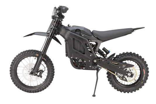 E Ride Pro Mini R electric dirt bike with a black frame, knobby tires, and a sleek design for off-road riding.