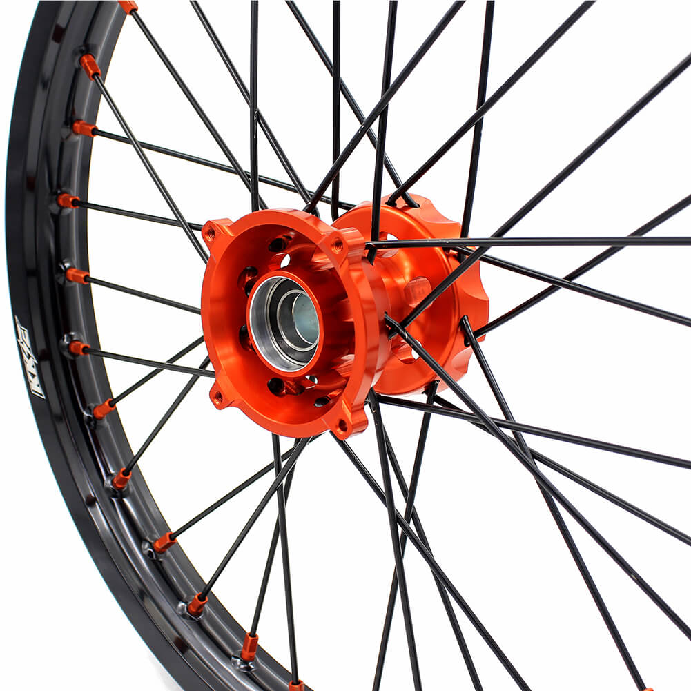 KKE 19"×1.6/16"×1.85 Spoke Kid's Big Wheels Rims Fit KTM SX 85 2003-2020 Orange Nipples & Black Spokes - Howling Moto