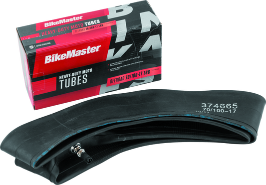BikeMaster 70/100-17 TR6 heavy-duty inner tube for motocross and trail bikes, shown inflated with valve and rubber construction.