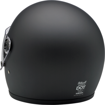 Black Biltwell Gringo S helmet in flat black finish, small size, featuring smooth, rounded design and classic motorcycle helmet style.