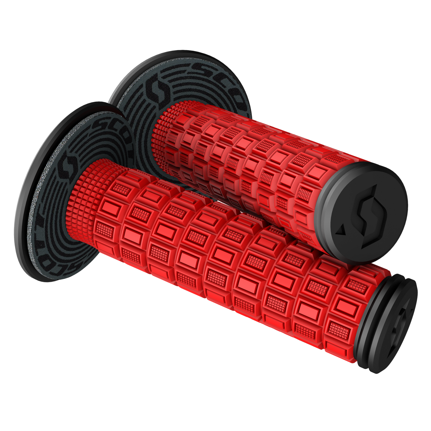 Scott Mellow Red and Black motorcycle grips by Bill's Exhausts with textured rubber surface for comfortable handling.