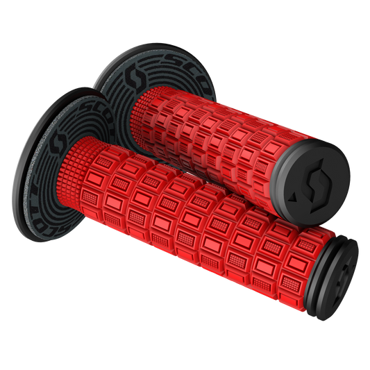 Scott Mellow Red and Black motorcycle grips by Bill's Exhausts with textured rubber surface for comfortable handling.