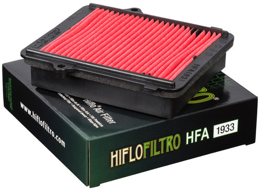 HIFLOFILTRO HFA1933 air filter for high performance engines showing a clean, cylindrical motorcycle air filter with pleated filtration media.