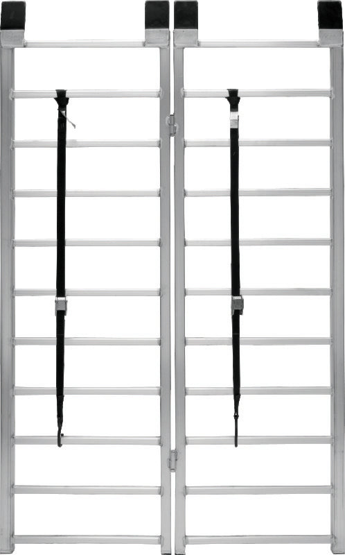 QuadBoss Bifold PowerSports Ramp with lightweight aluminum construction and secure straps, measuring 44x71 inches for easy loading