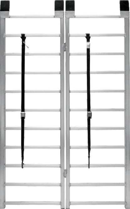 QuadBoss Bifold PowerSports Ramp with lightweight aluminum construction and secure straps, measuring 44x71 inches for easy loading