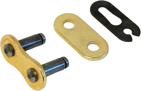 RK EXCEL GB520MXZ5 drive chain with gold finish and rivet master link, featuring durable construction and precise detailing.