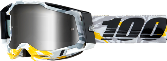 Bill's Exhausts 100% Racecraft 2 Goggles with silver mirror lenses, featuring a sleek design and adjustable strap.